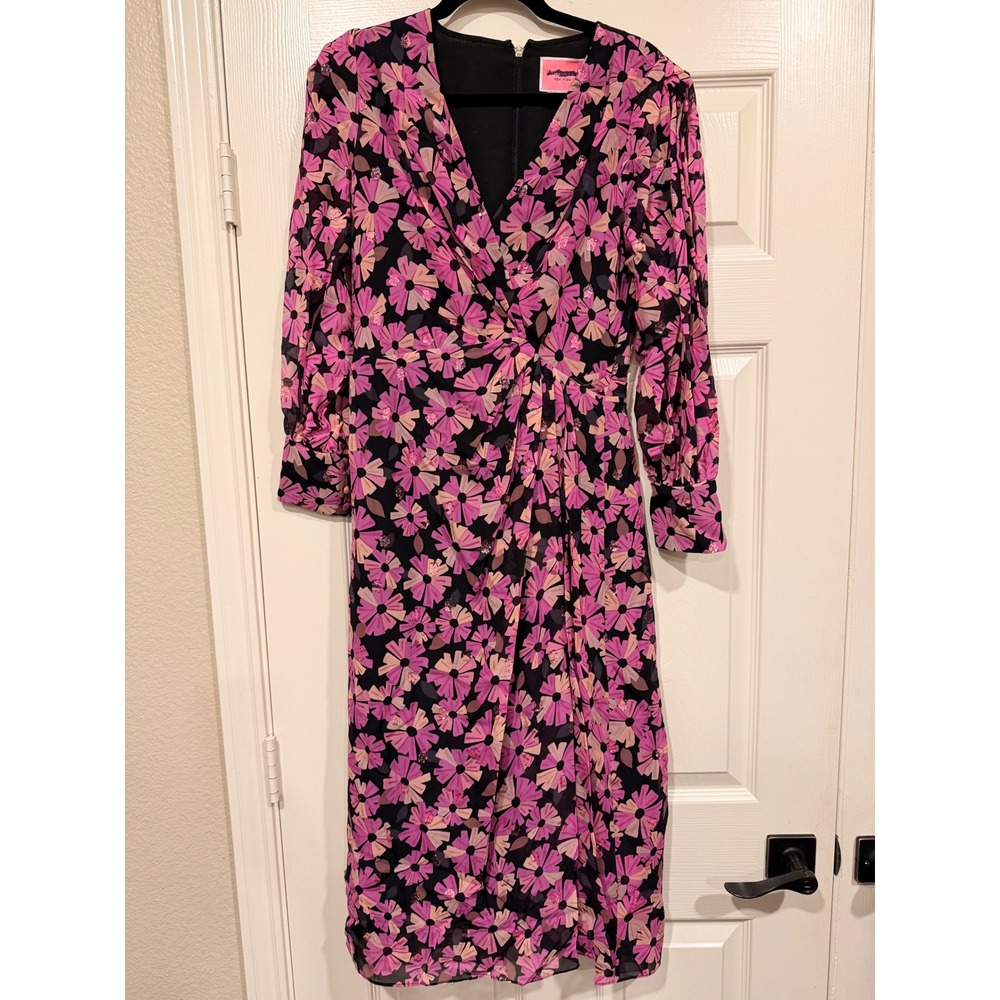 #B12 Kate Spade Midi Dress Sz. 2 Silk Floral Metallic Long Sleeve‎ ptp 16" - 17"